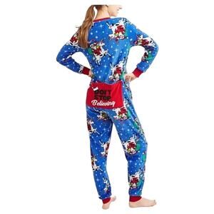 Santa Unicorn Christmas Pajamas One Piece Drop seat Don't Stop Believing size M
